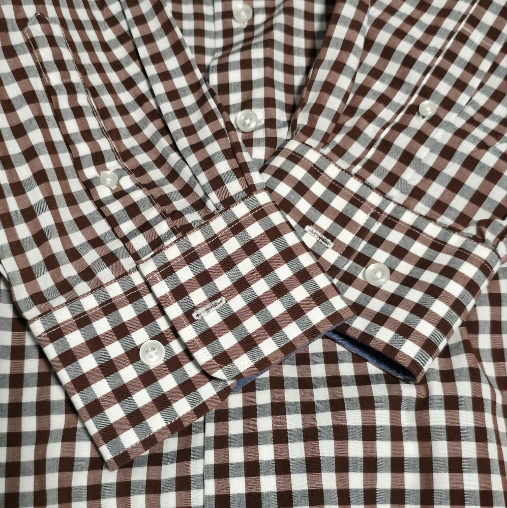 Men's Linea Uomo Gingham Stretch Button Down Shirt Brown Gray Long Sleeve 2XLT - Picture 7 of 10